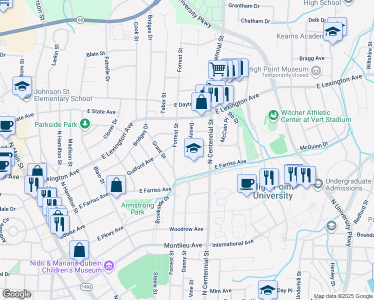map of restaurants, bars, coffee shops, grocery stores, and more near 1121 Denny Street in High Point