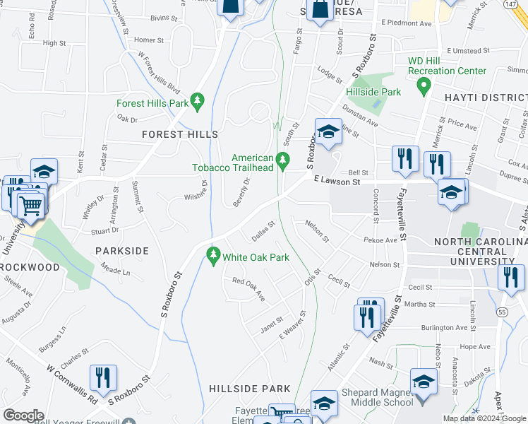 map of restaurants, bars, coffee shops, grocery stores, and more near 1819 South Roxboro Street in Durham