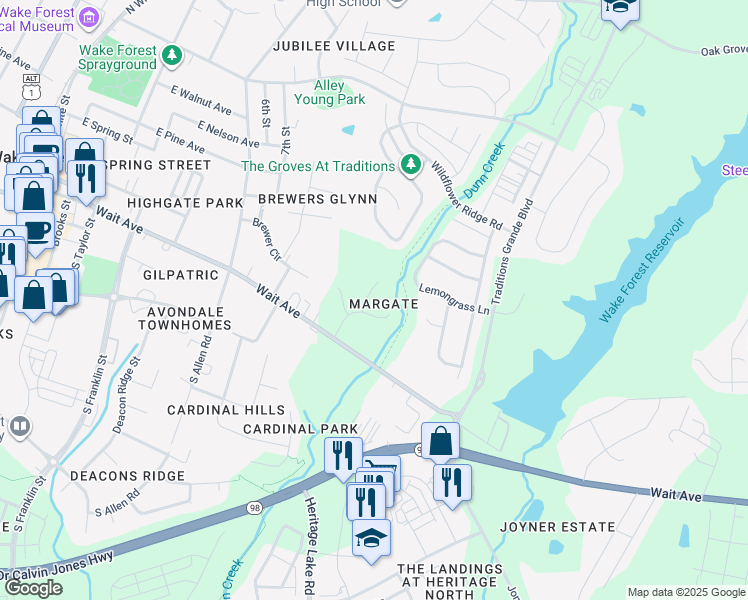 map of restaurants, bars, coffee shops, grocery stores, and more near 915 Havisham Court in Wake Forest