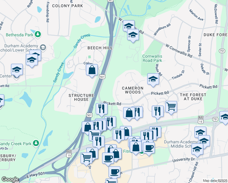 map of restaurants, bars, coffee shops, grocery stores, and more near 2822 Pickett Road in Durham