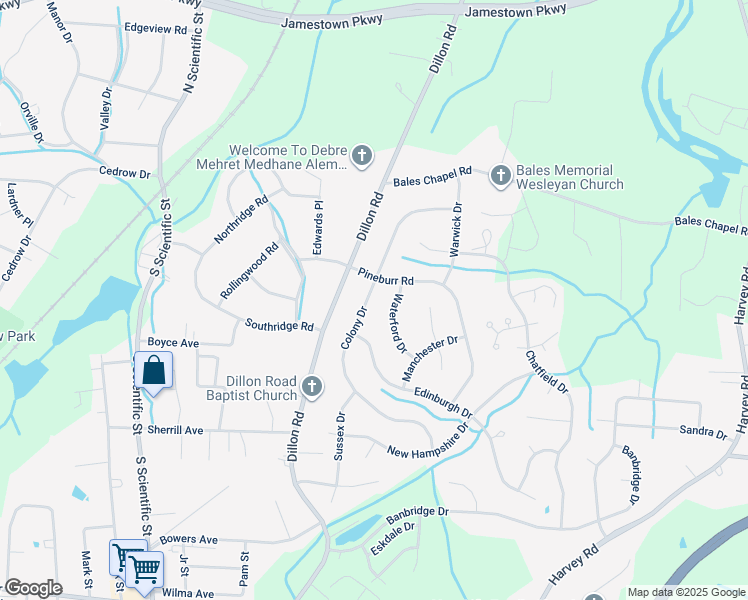 map of restaurants, bars, coffee shops, grocery stores, and more near 3212 Colony Drive in Jamestown
