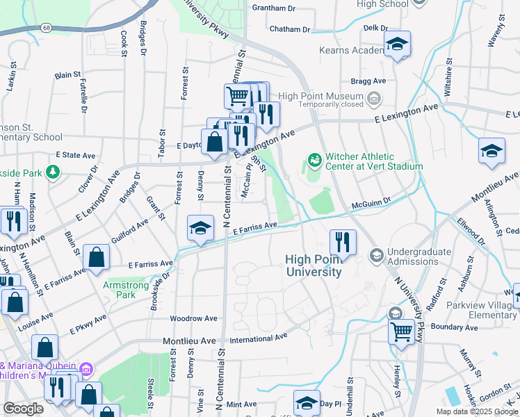 map of restaurants, bars, coffee shops, grocery stores, and more near 1220 Guilford Avenue in High Point
