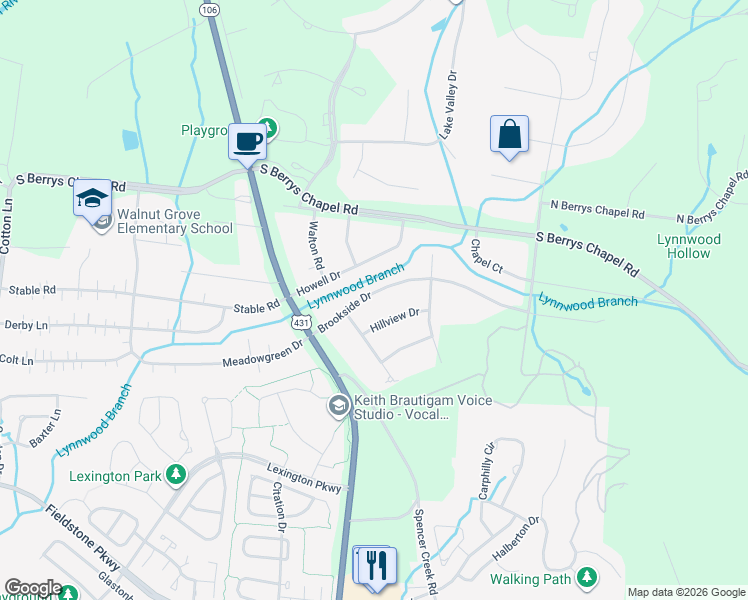 map of restaurants, bars, coffee shops, grocery stores, and more near 1121 Brookside Drive in Franklin