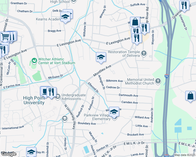 map of restaurants, bars, coffee shops, grocery stores, and more near 803 Arlington Street in Greensboro