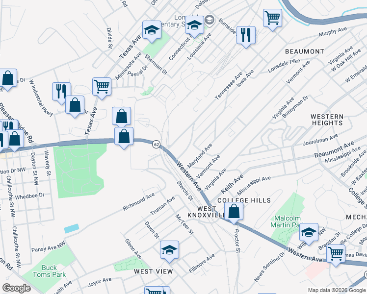 map of restaurants, bars, coffee shops, grocery stores, and more near 2114 Massachusetts Avenue in Knoxville