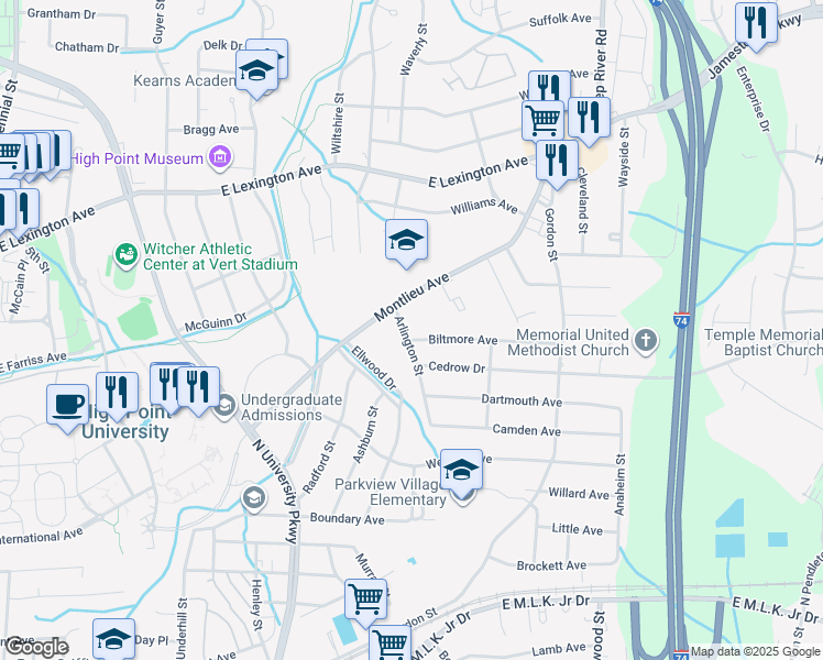 map of restaurants, bars, coffee shops, grocery stores, and more near 1114 Biltmore Avenue in High Point