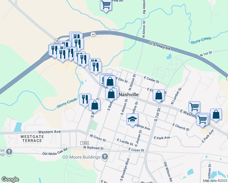 map of restaurants, bars, coffee shops, grocery stores, and more near 201 West Washington Street in Nashville