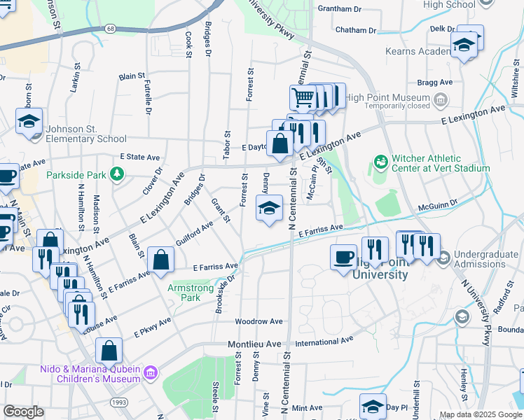 map of restaurants, bars, coffee shops, grocery stores, and more near 1121 Denny Street in High Point