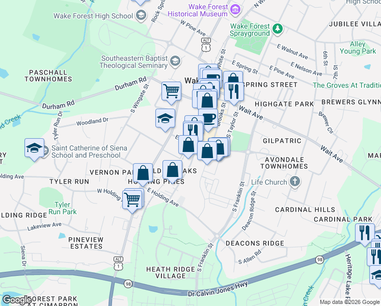map of restaurants, bars, coffee shops, grocery stores, and more near 434 South White Street in Wake Forest