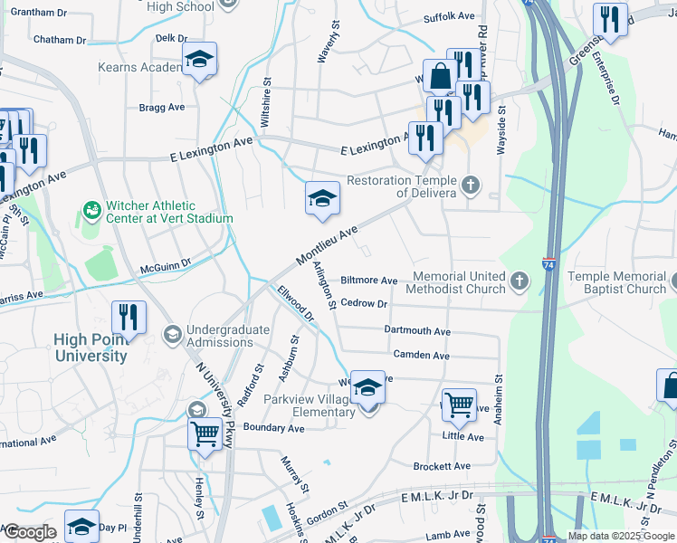 map of restaurants, bars, coffee shops, grocery stores, and more near 1113 Biltmore Avenue in High Point