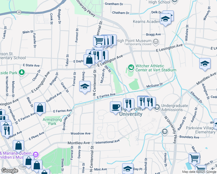map of restaurants, bars, coffee shops, grocery stores, and more near 1220 Guilford Avenue in High Point