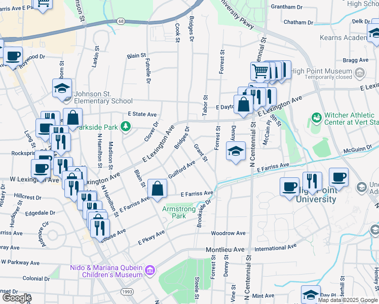 map of restaurants, bars, coffee shops, grocery stores, and more near 908 Putnam Street in High Point