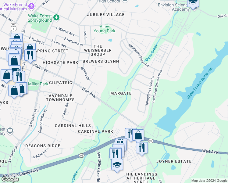 map of restaurants, bars, coffee shops, grocery stores, and more near 211 Evesham Court in Wake Forest