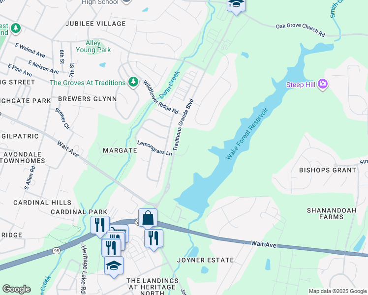 map of restaurants, bars, coffee shops, grocery stores, and more near 1109 Grande Water Way in Wake Forest