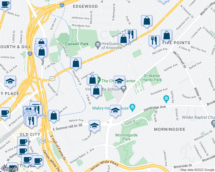 map of restaurants, bars, coffee shops, grocery stores, and more near 1620 Henrietta Avenue in Knoxville