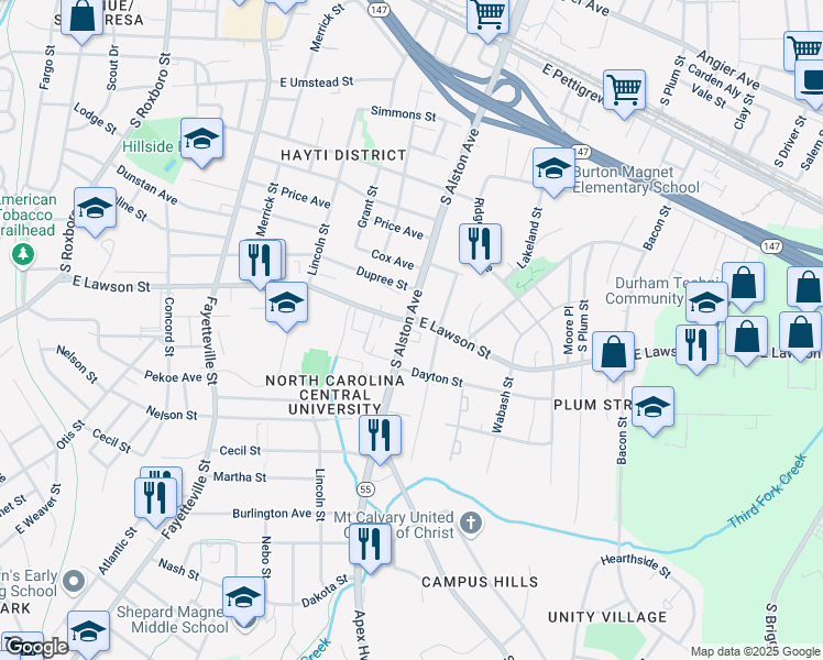 map of restaurants, bars, coffee shops, grocery stores, and more near 1310 South Alston Avenue in Durham
