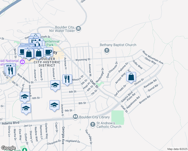 map of restaurants, bars, coffee shops, grocery stores, and more near 304 Navajo Court in Boulder City