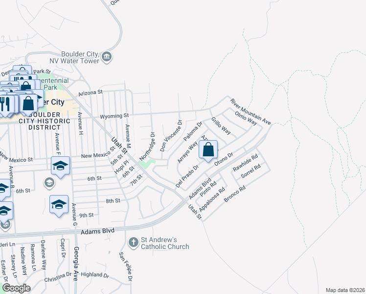 map of restaurants, bars, coffee shops, grocery stores, and more near 645 Paloma Drive in Boulder City