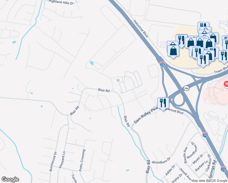 map of restaurants, bars, coffee shops, grocery stores, and more near 250 Blair Road in Smyrna
