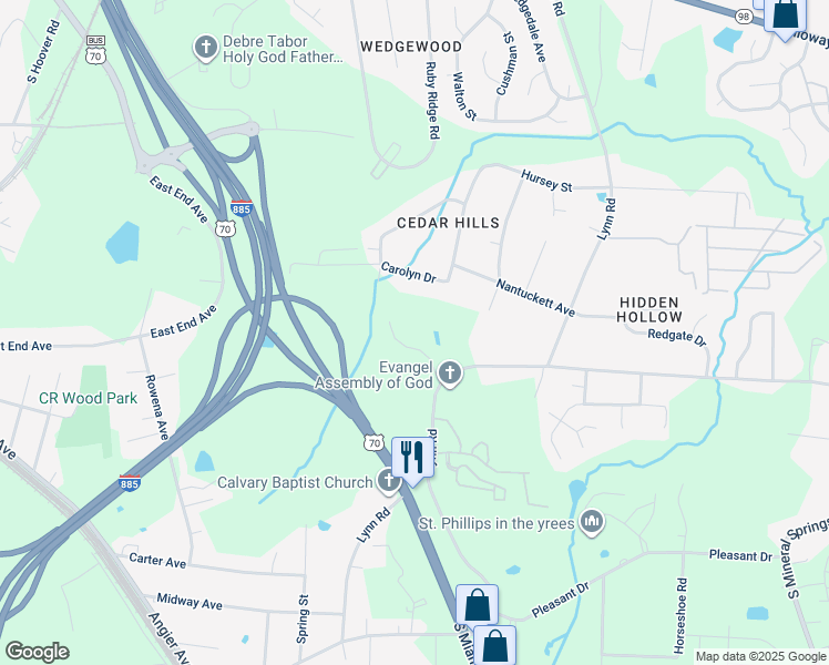 map of restaurants, bars, coffee shops, grocery stores, and more near 917 Wadesboro Street in Durham