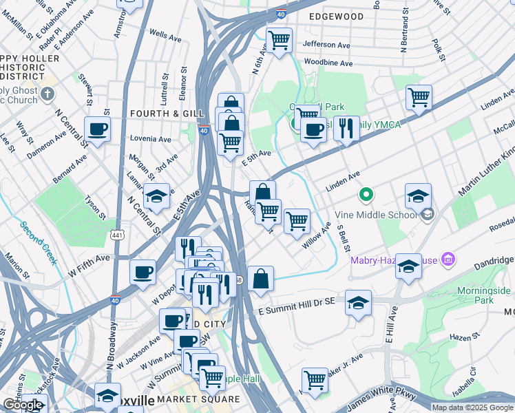 map of restaurants, bars, coffee shops, grocery stores, and more near 202 Randolph Street in Knoxville