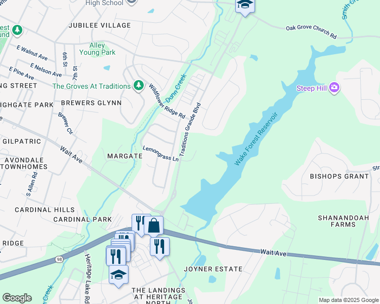 map of restaurants, bars, coffee shops, grocery stores, and more near 1109 Grande Water Way in Wake Forest