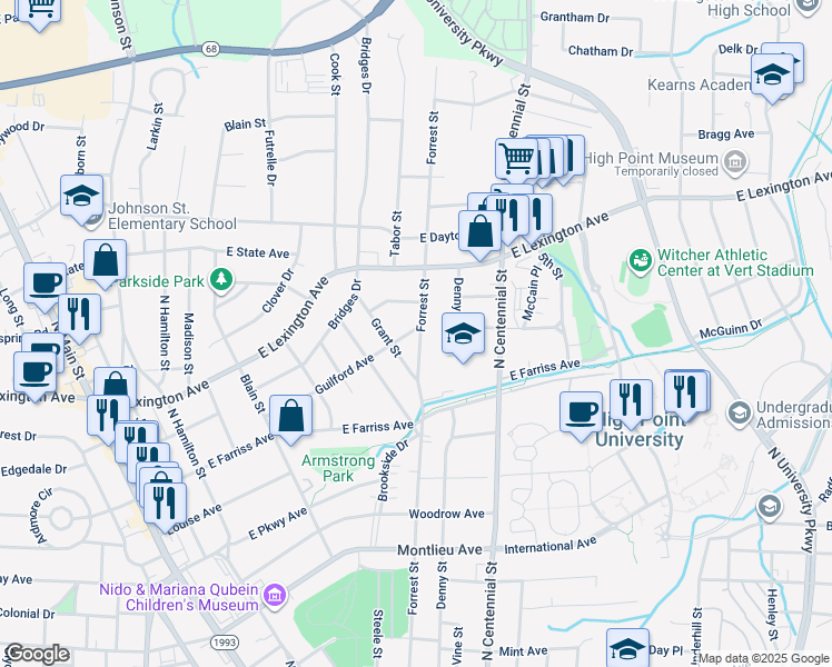 map of restaurants, bars, coffee shops, grocery stores, and more near 921 Forrest Street in High Point