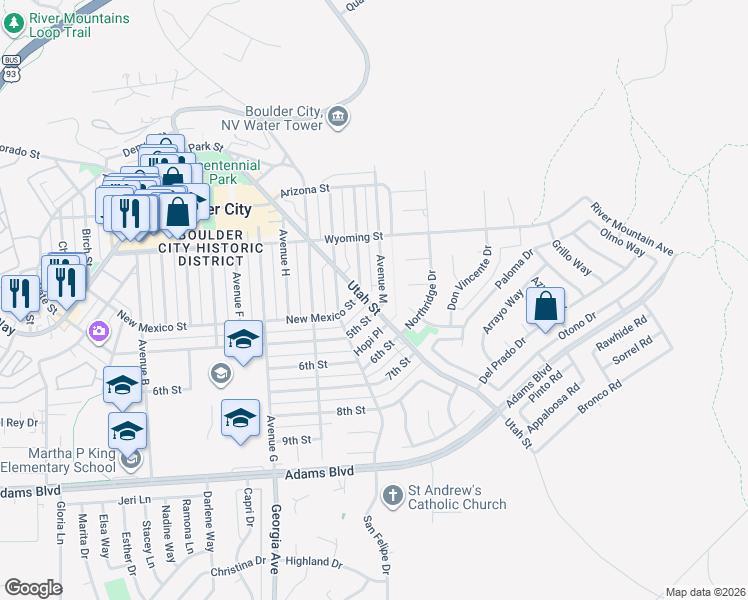 map of restaurants, bars, coffee shops, grocery stores, and more near 709 Utah Street in Boulder City
