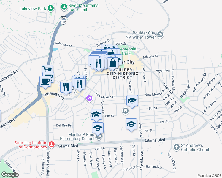 map of restaurants, bars, coffee shops, grocery stores, and more near 660 Avenue D in Boulder City