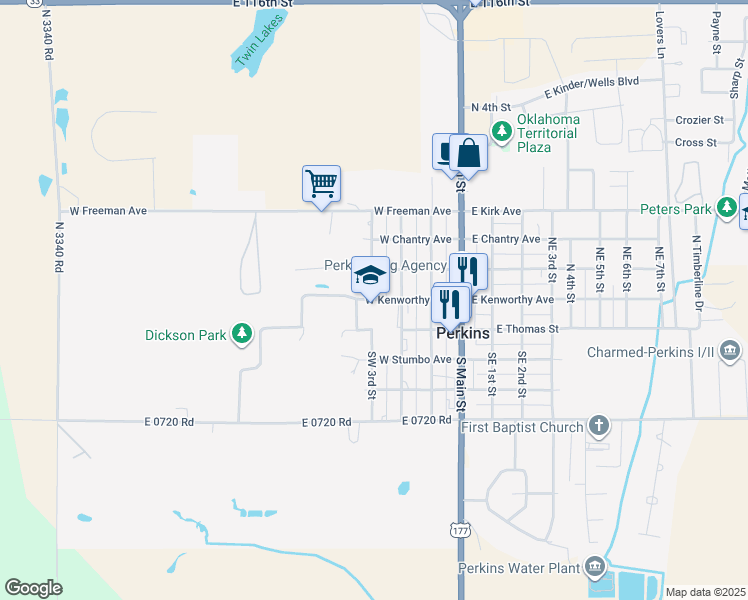 map of restaurants, bars, coffee shops, grocery stores, and more near 390 West Kenworthy Avenue in Perkins