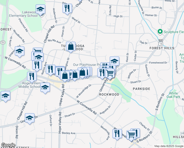 map of restaurants, bars, coffee shops, grocery stores, and more near 2515 U.S. 501 Business in Durham