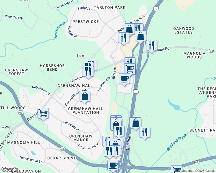 map of restaurants, bars, coffee shops, grocery stores, and more near 1100 Washhouse Lane in Wake Forest