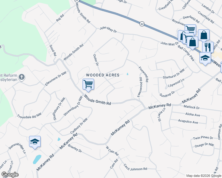 map of restaurants, bars, coffee shops, grocery stores, and more near 6005 Woodbark Trce in Knoxville