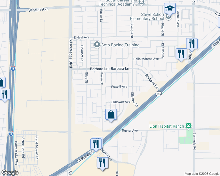 map of restaurants, bars, coffee shops, grocery stores, and more near 11819 Magliana Street in Las Vegas