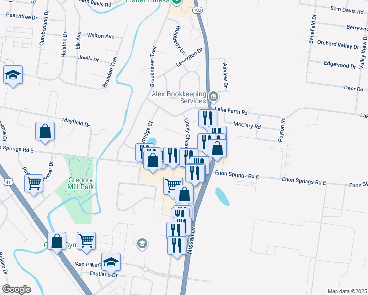 map of restaurants, bars, coffee shops, grocery stores, and more near 111 Chevy Chase Trail in Smyrna