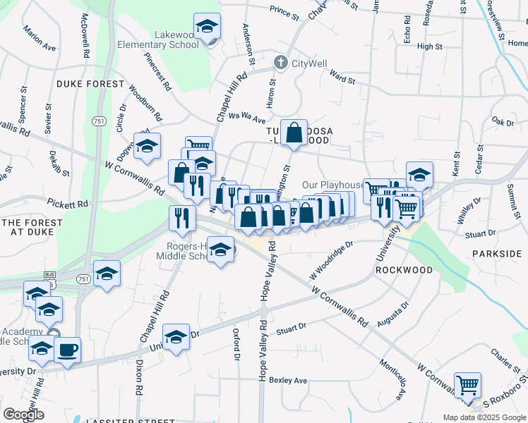 map of restaurants, bars, coffee shops, grocery stores, and more near 2726 U.S. 15 Business in Durham