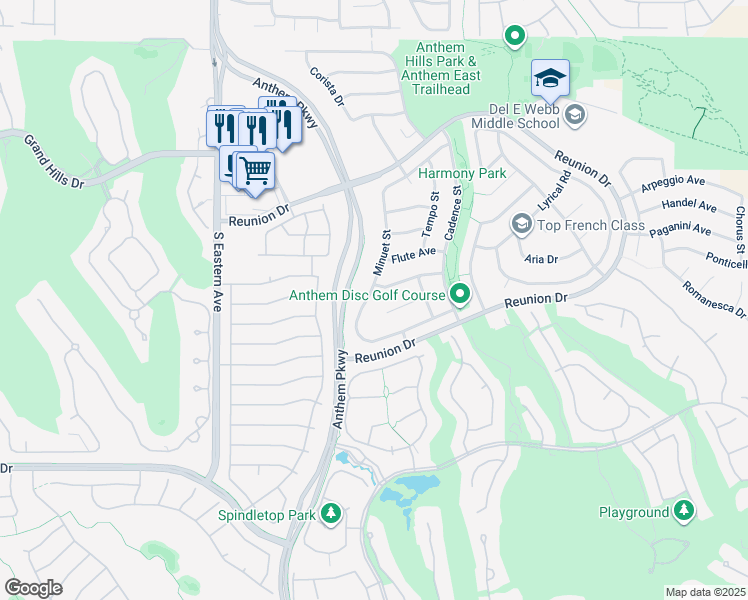 map of restaurants, bars, coffee shops, grocery stores, and more near 1366 Minuet Street in Henderson