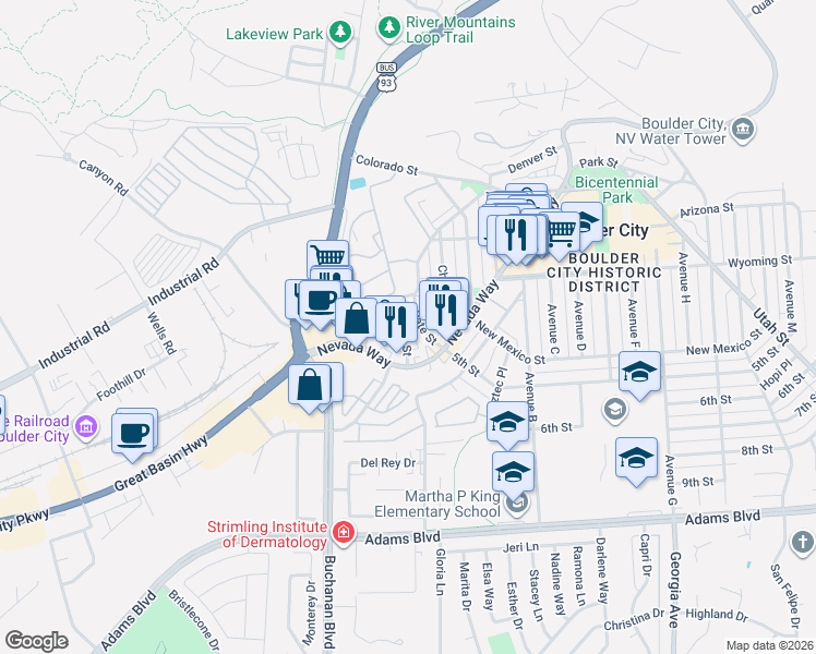 map of restaurants, bars, coffee shops, grocery stores, and more near 800 Nevada Way in Boulder City