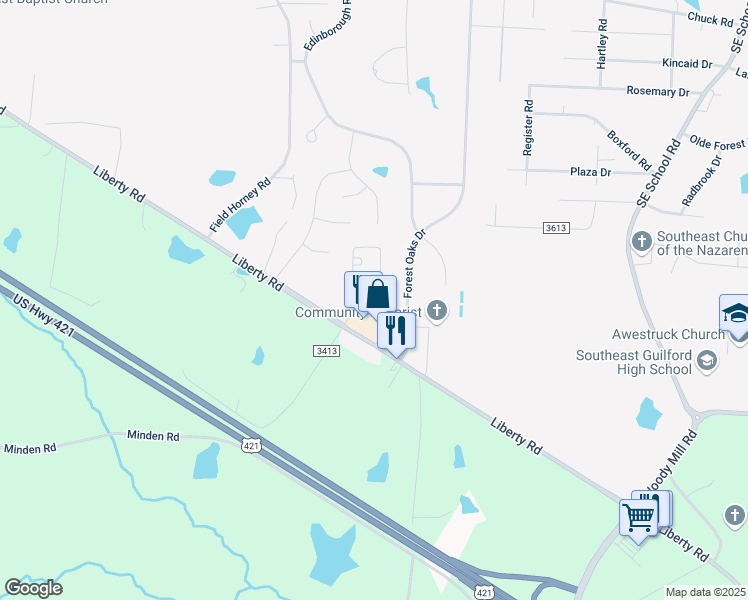 map of restaurants, bars, coffee shops, grocery stores, and more near 5412 Forest Oaks Drive in Greensboro