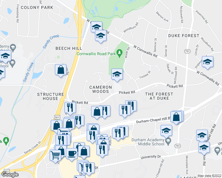 map of restaurants, bars, coffee shops, grocery stores, and more near 2809 Lindenshire Drive in Durham