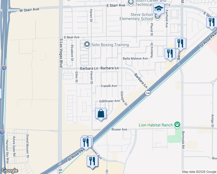map of restaurants, bars, coffee shops, grocery stores, and more near 11814 Partenio Court in Las Vegas