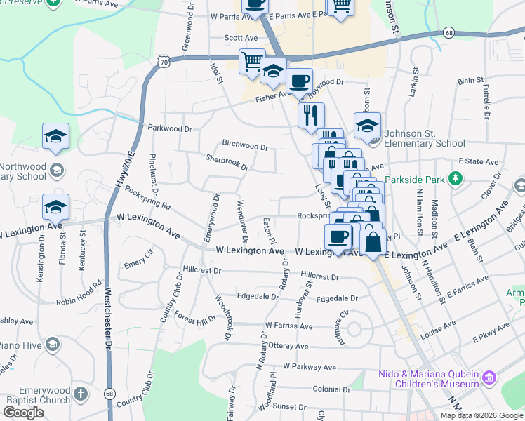 map of restaurants, bars, coffee shops, grocery stores, and more near 1316 Eaton Place in High Point