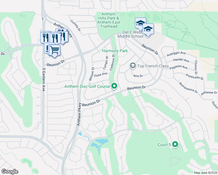 map of restaurants, bars, coffee shops, grocery stores, and more near 1367 Cadence Street in Henderson