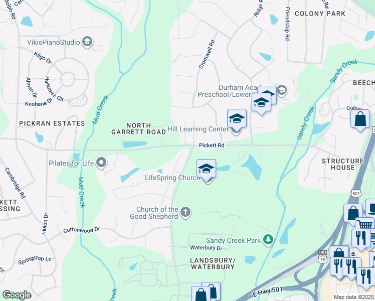 map of restaurants, bars, coffee shops, grocery stores, and more near 3617 Cedarbird Way in Durham