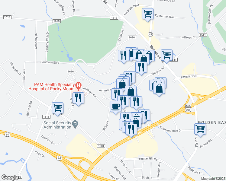 map of restaurants, bars, coffee shops, grocery stores, and more near 209 Ashmore Lane in Rocky Mount
