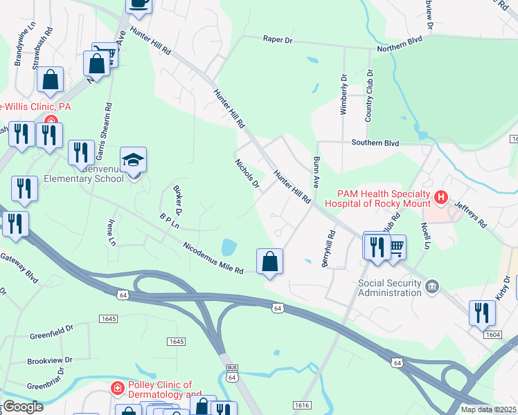 map of restaurants, bars, coffee shops, grocery stores, and more near 137 Douglas Street in Rocky Mount