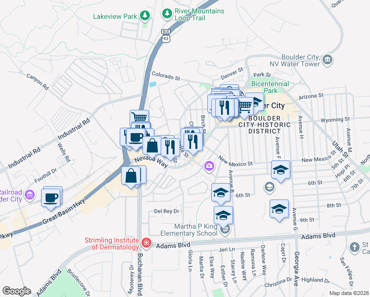 map of restaurants, bars, coffee shops, grocery stores, and more near 800 Nevada Way in Boulder City