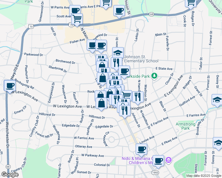 map of restaurants, bars, coffee shops, grocery stores, and more near North Main Street in High Point