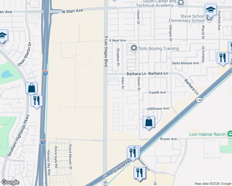 map of restaurants, bars, coffee shops, grocery stores, and more near 21 Harbor Pines Court in Las Vegas