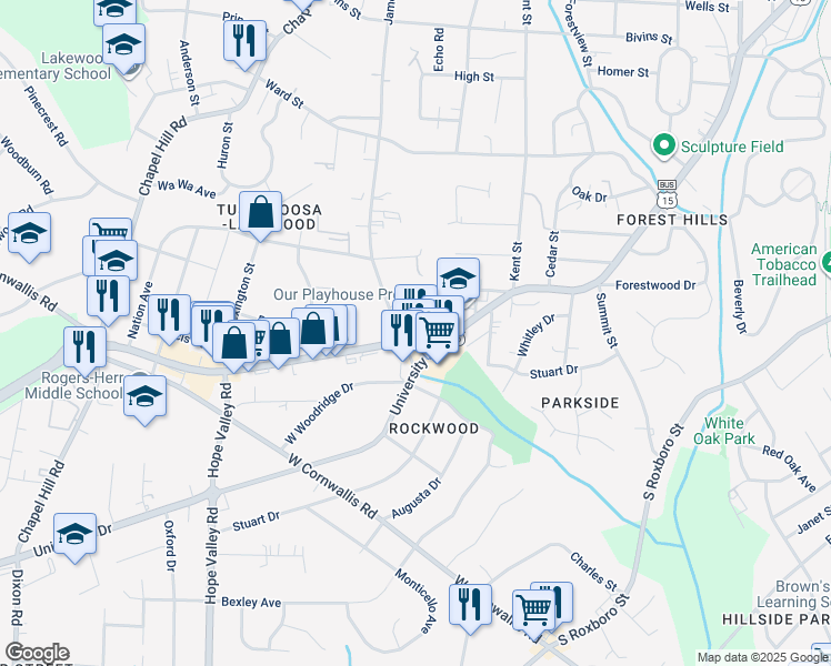 map of restaurants, bars, coffee shops, grocery stores, and more near 2508 University Drive in Durham
